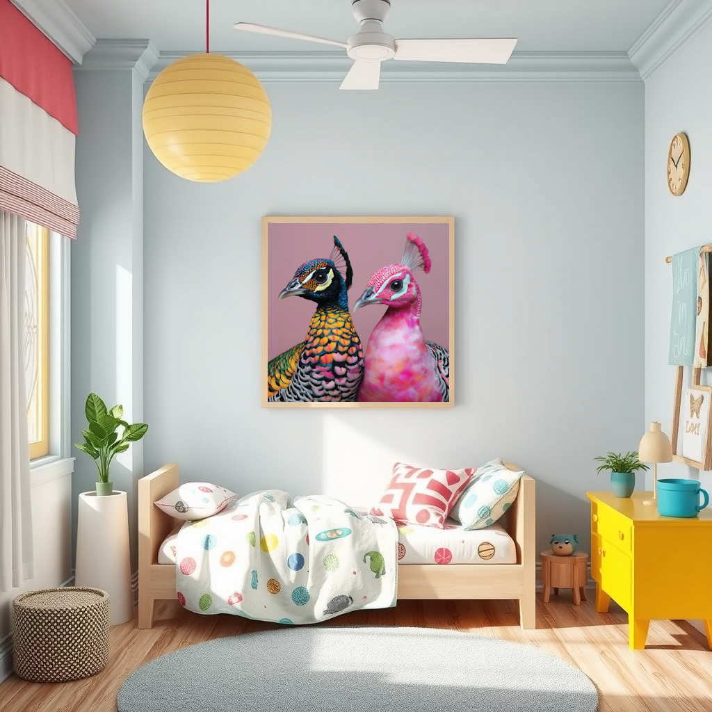 Children's room nursery with Framed artwork with Vivid pink peacock abstract wall art print with geometric style, perfect for vibrant modern décor