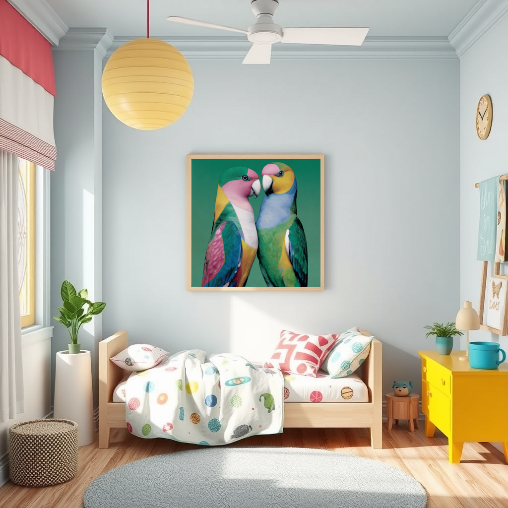 Children's room nursery with a Framed artwork Abstract colorful birds parrots green blue pink wall art poster print for home decor