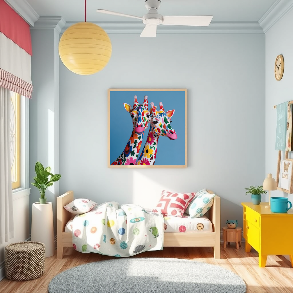 Children's room nursery with colorful giraffe artwork on the wall Vibrant abstract art print in blue pink yellow, colorful animal wall decor for modern home, contemporary multicolore affordable luxury poster