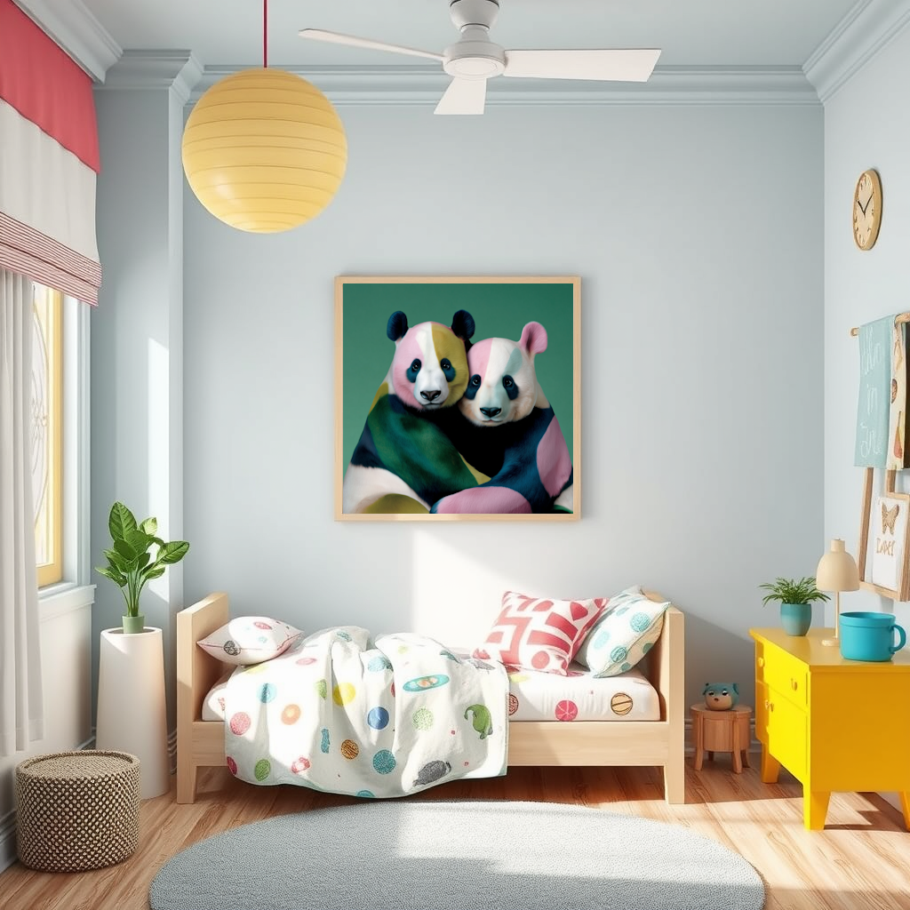 Children's room with a colorful panda Modern abstract wall art poster featuring geometric colorful design for home décor