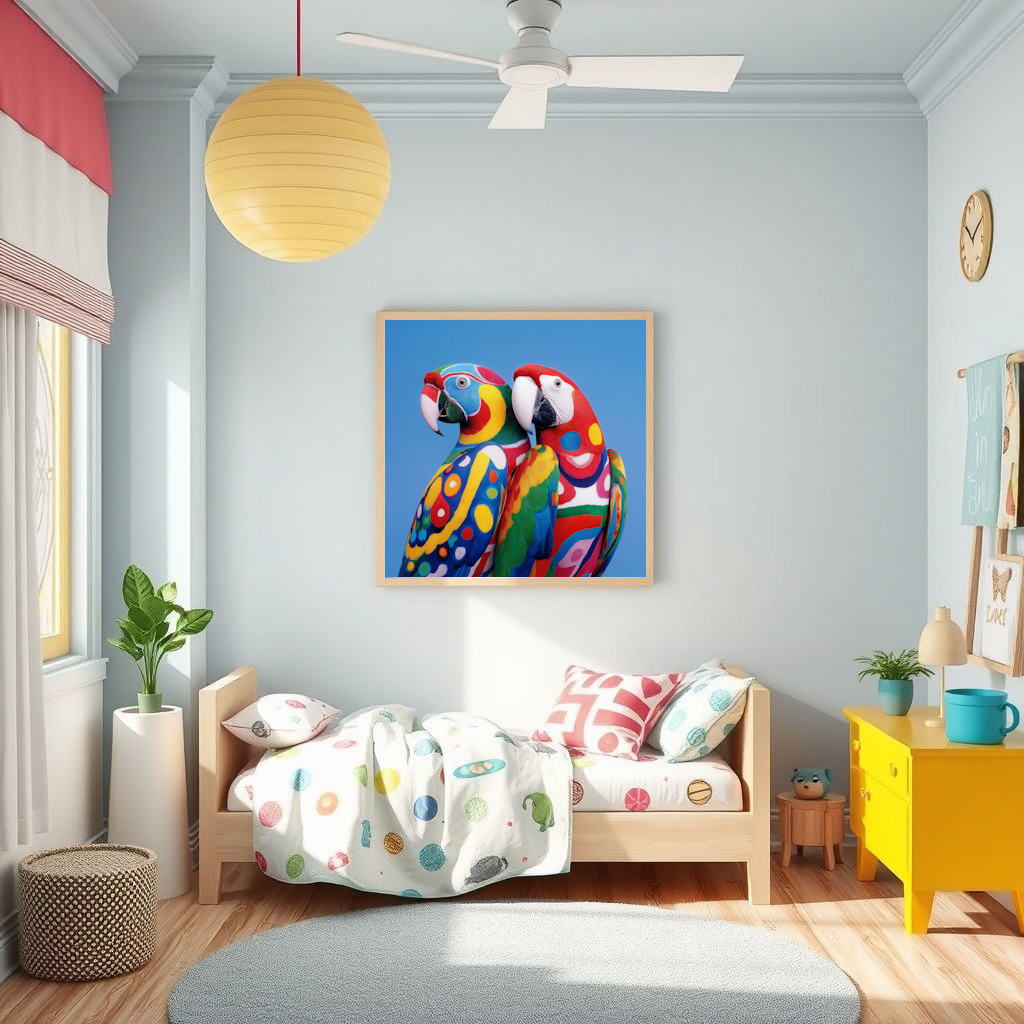 Children's room with colorful parrots Abstract wall art print poster bold geometric style