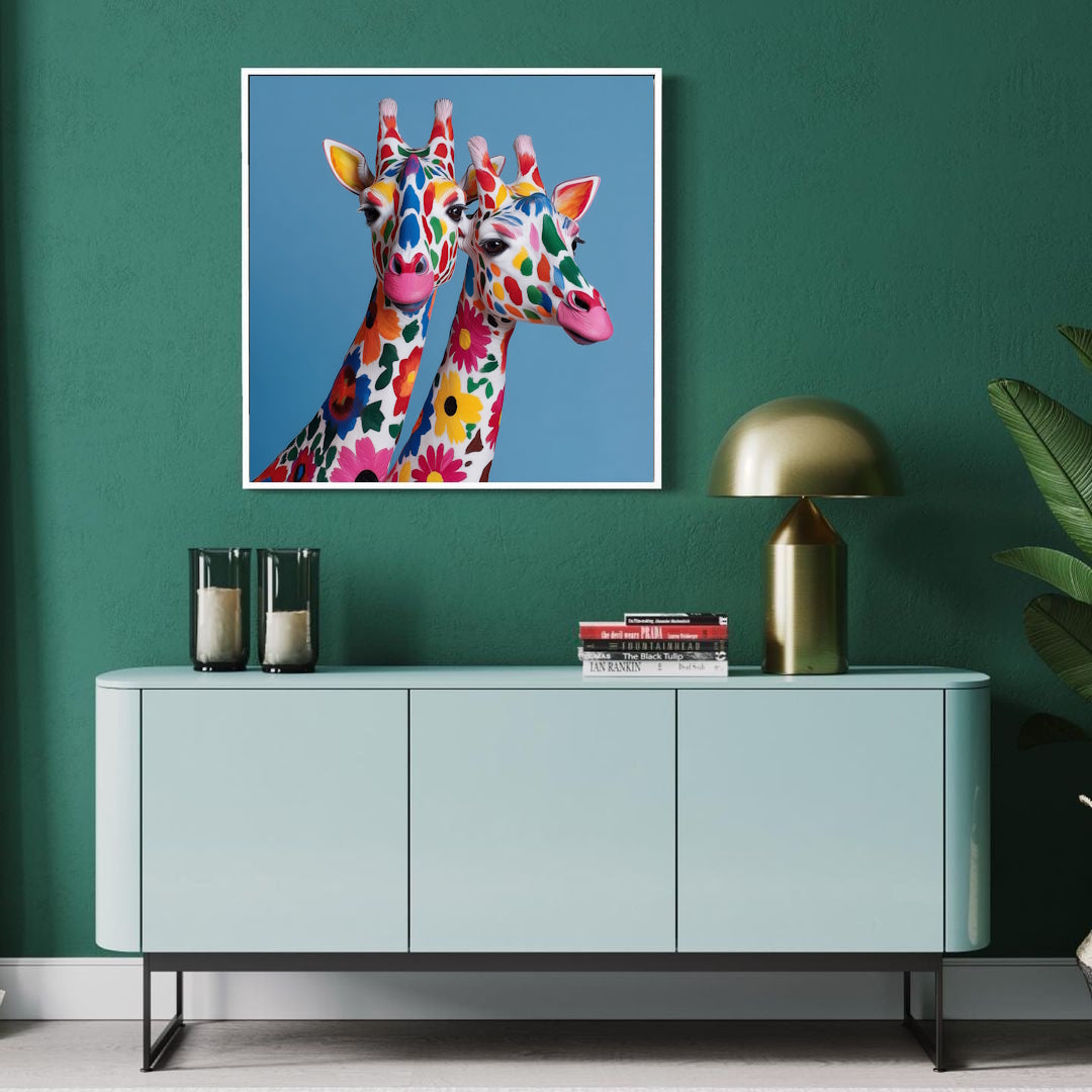 Colorful giraffe abstract wall art print with modern geometric design on a green wall  