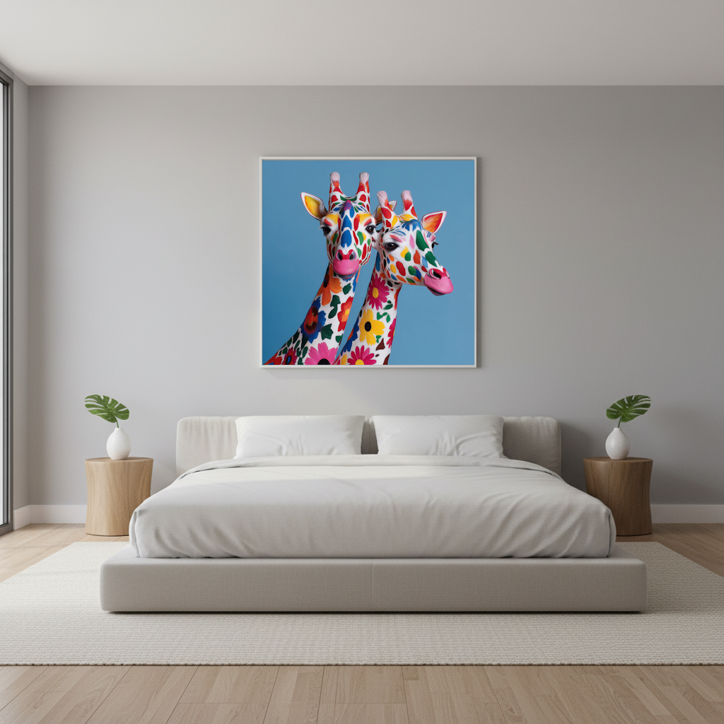 Colorful giraffe abstract wall art print with modern geometric design, suitable for contemporary décor bedroom.