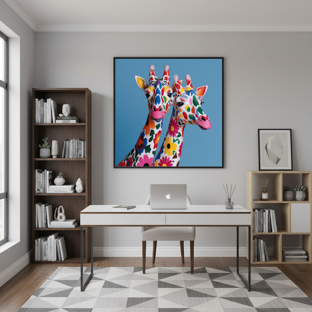 Colorful giraffe abstract wall art print with modern geometric design, suitable for contemporary décor office