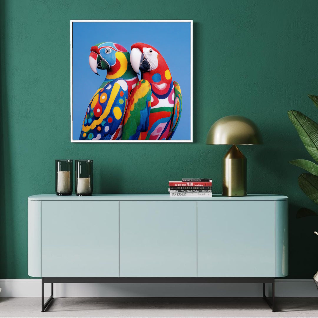 Dining room with Framed Two colorful parrots against a blue background Abstract wall art print poster featuring bold geometric style, ideal for modern interiors and home styling .