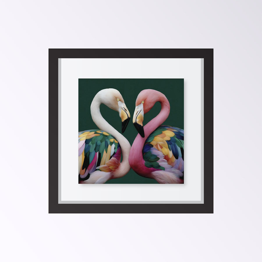 Framed Bright pink flamingo green abstract wall art print with geometric shapes for stylish tropical interiors .