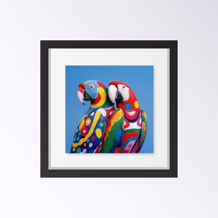 Framed Two colorful parrots against a blue background Abstract wall art print poster featuring bold geometric style, ideal for modern interiors and home styling .