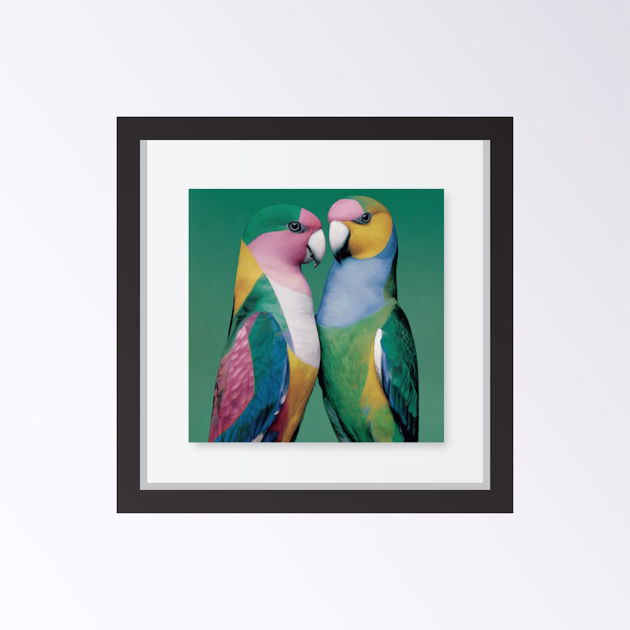 Framed artwork Abstract colorful birds parrots green blue pink wall art poster print for home decor