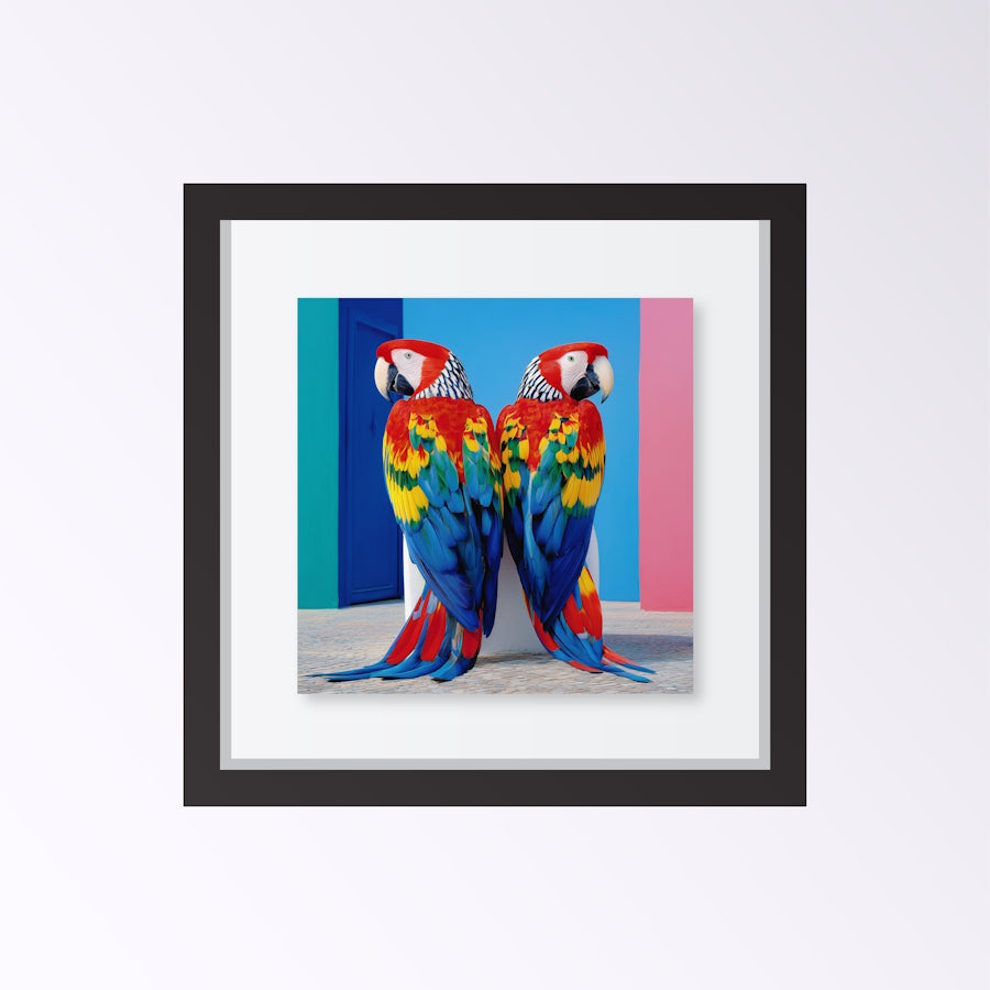 Framed artwork Two colorful parrots standing against a blue and pink background  abstract wall art in vibrant geometric design, perfect for tropical-inspired décor.