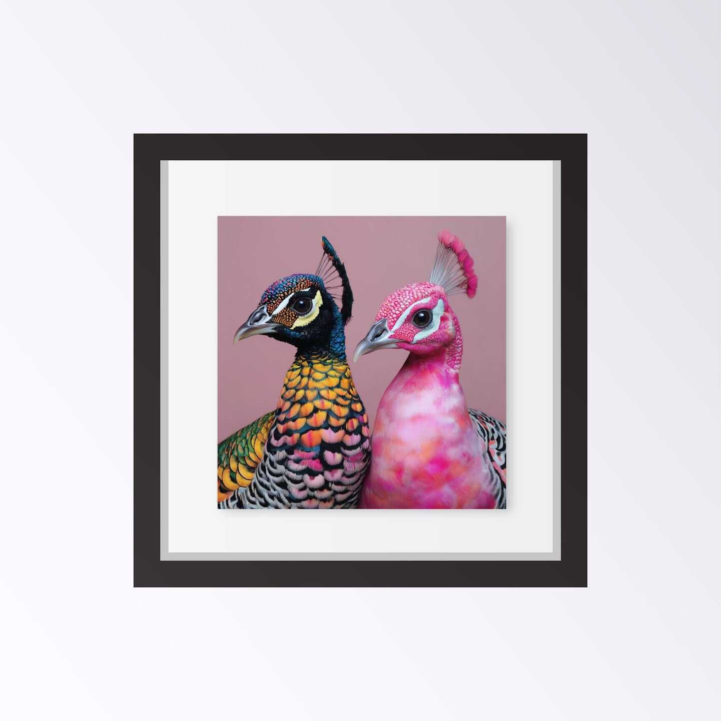 Framed artwork of two colorful birds on a pink background