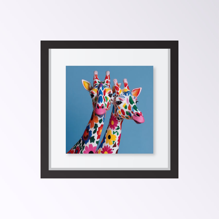 Framed artwork of two colorful giraffes on a blue background