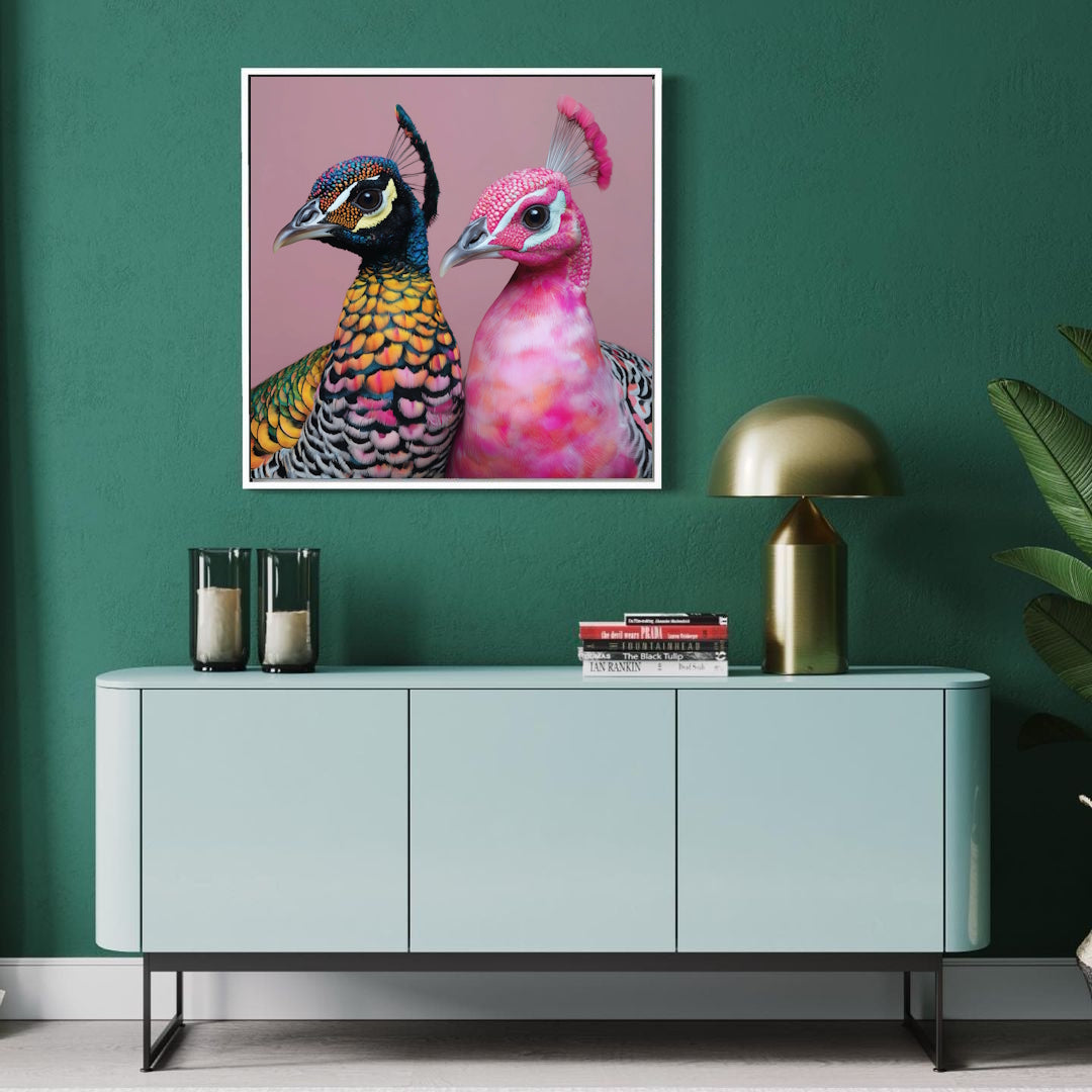 Framed artwork with Vivid pink peacock abstract wall art print with geometric style, perfect for vibrant modern décor