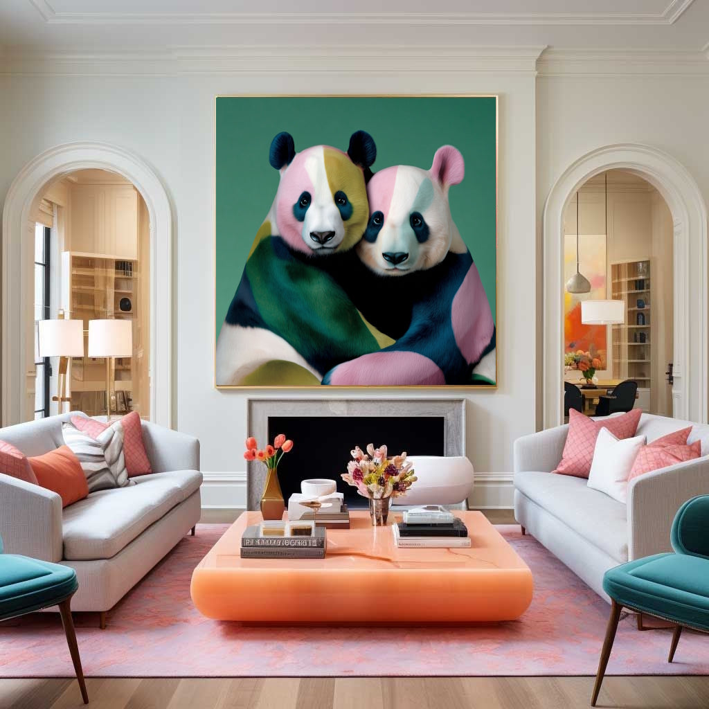 Living room Modern bedroom with panda abstract wall art featuring geometric colorful design for playful home décor