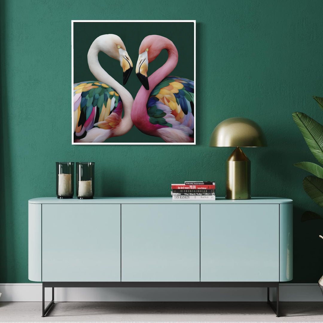 Living room two with a Framed Bright pink flamingo green abstract wall art print with geometric shapes for stylish tropical interiors 