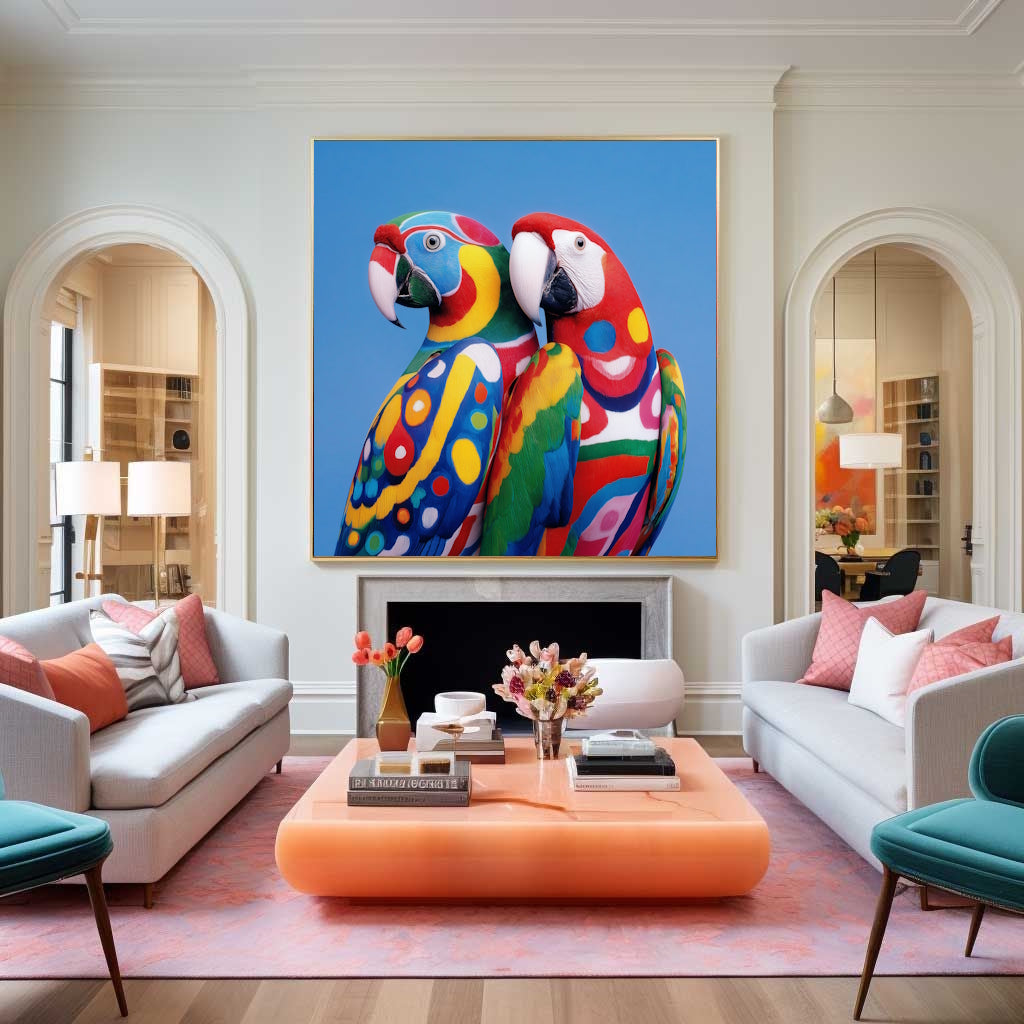 Living room with Framed Two colorful parrots against a blue background Abstract wall art print poster featuring bold geometric style, ideal for modern interiors and home styling .
