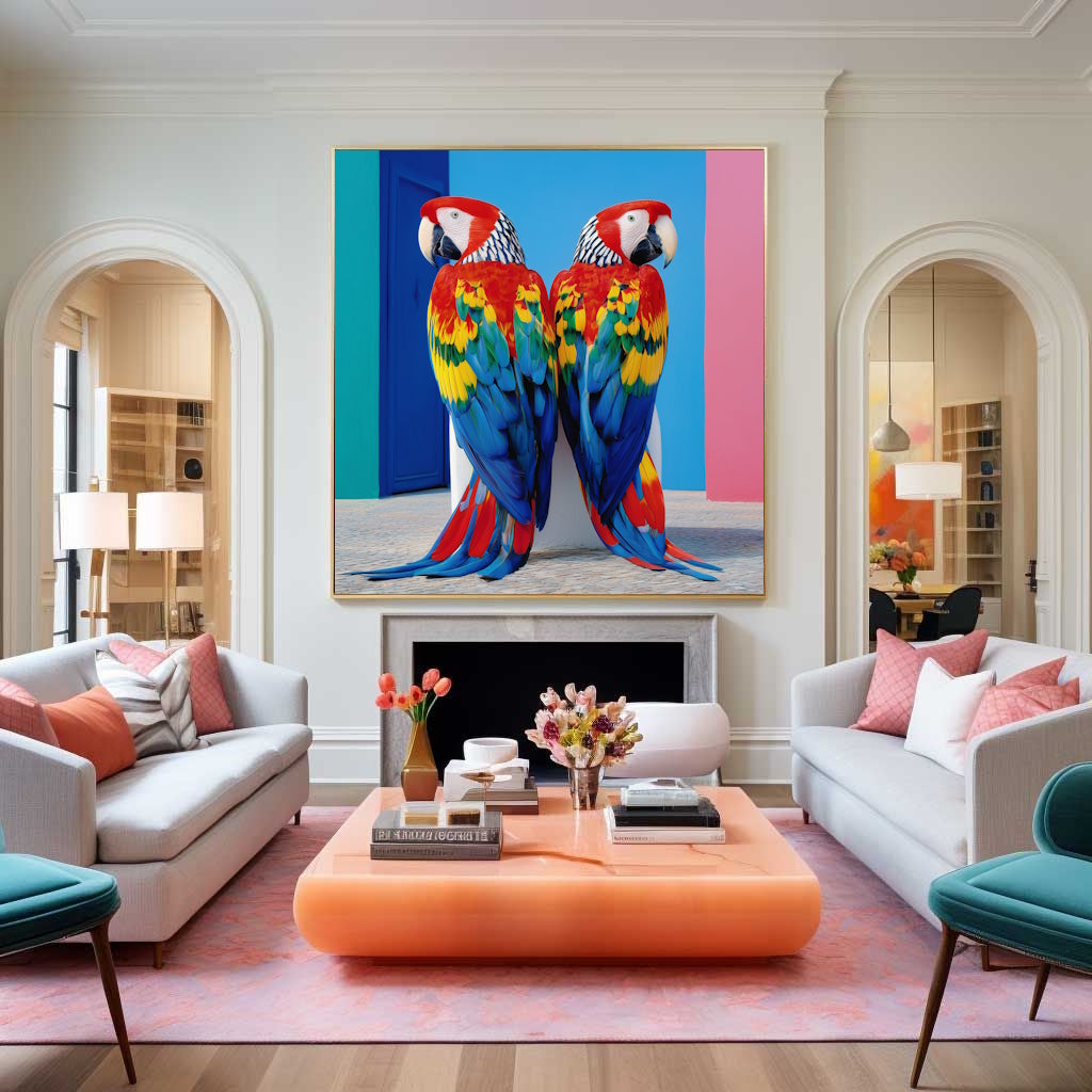 Living room with Modern bedroom with a Framed artwork Two colorful parrots standing against a blue and pink background  abstract wall art in vibrant geometric design, perfect for tropical-inspired décor.