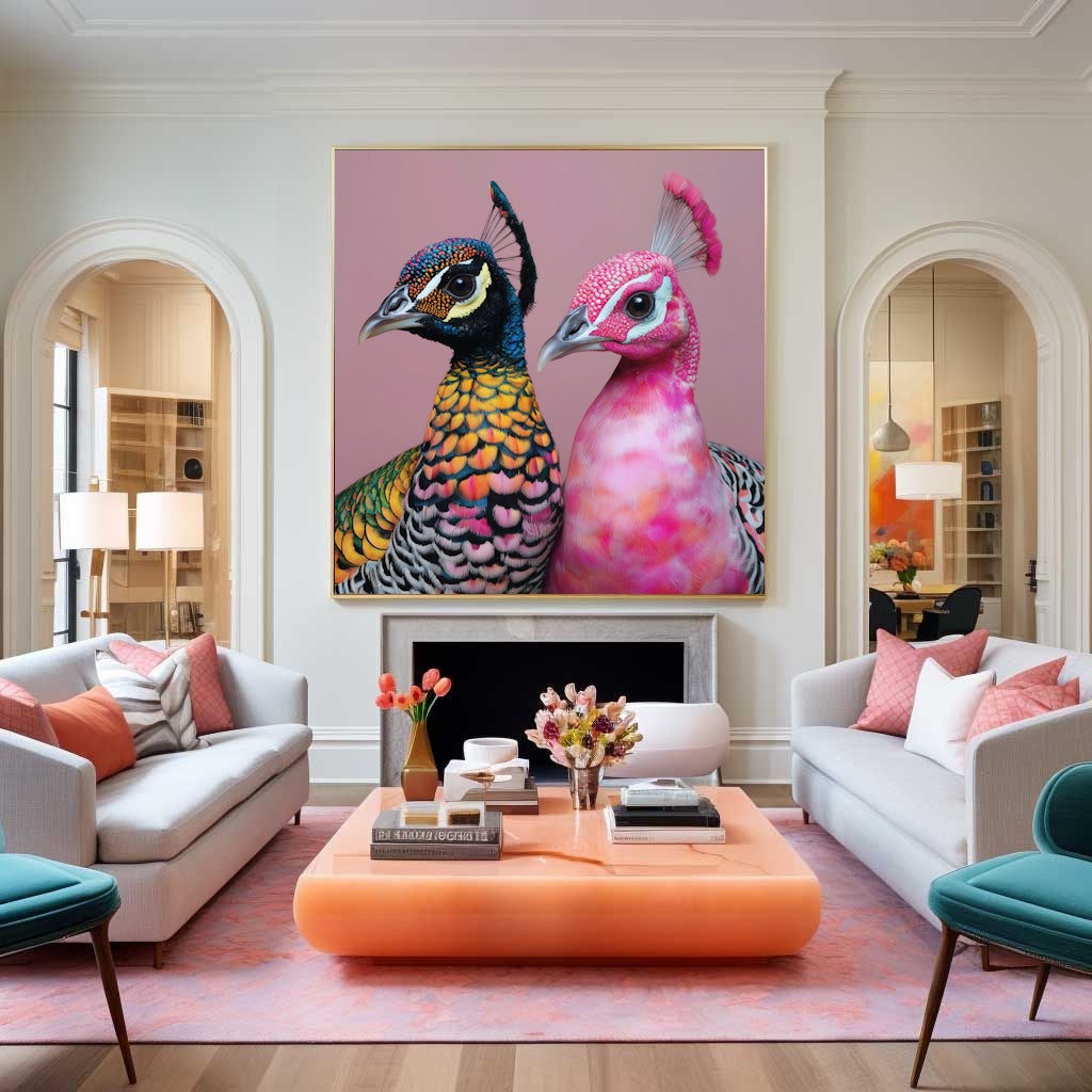 Living room with Vivid pink peacock abstract wall art print with geometric style, perfect for vibrant modern décor