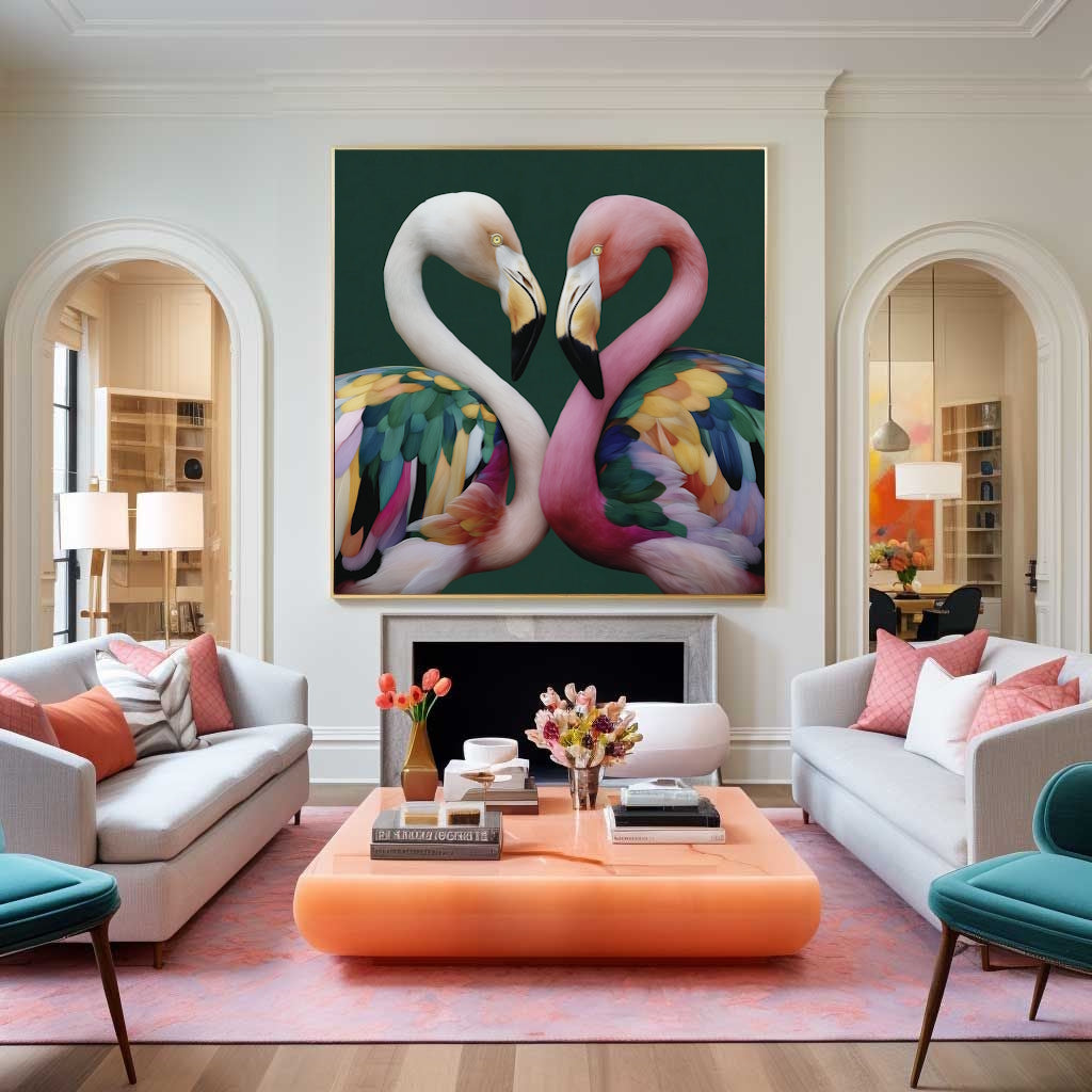 Living room with a Framed Bright pink flamingo green abstract wall art print with geometric shapes for stylish tropical interiors 