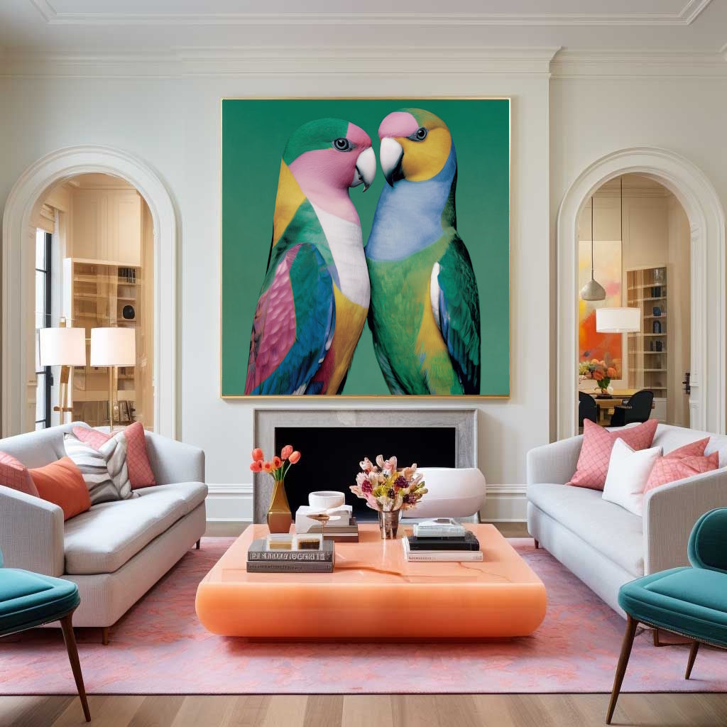 Living room with a Framed artwork Abstract colorful birds parrots green blue pink wall art poster print for home decor