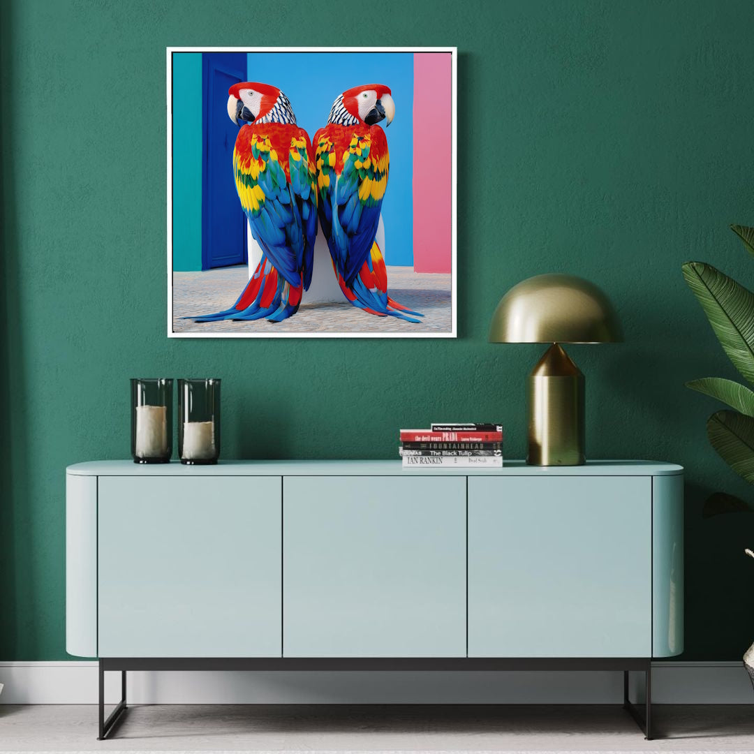 Living with Modern bedroom with a Framed artwork Two colorful parrots standing against a blue and pink background  abstract wall art in vibrant geometric design, perfect for tropical-inspired décor.