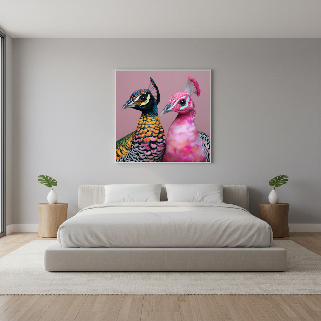 Modern bedroom with Framed artwork with Vivid pink peacock abstract wall art print with geometric style, perfect for vibrant modern décor