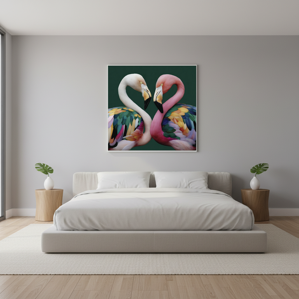 Modern bedroom with a Framed Bright pink flamingo green abstract wall art print with geometric shapes for stylish tropical interiors 
