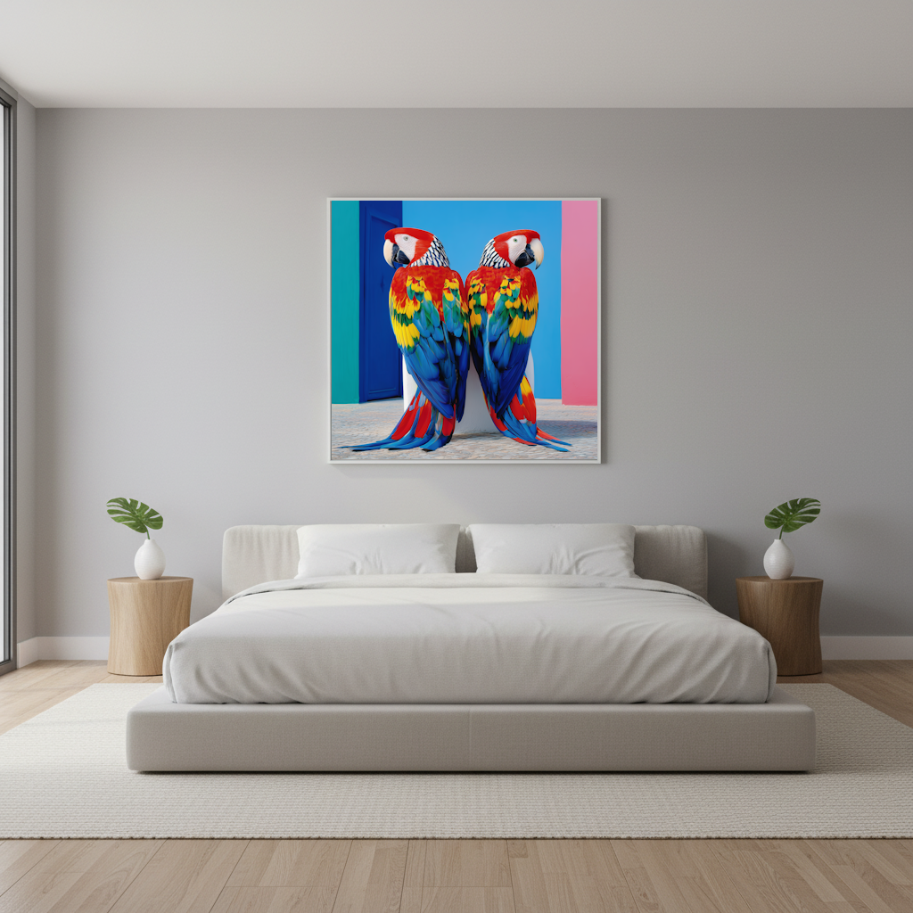 Modern bedroom with a Framed artwork Two colorful parrots standing against a blue and pink background  abstract wall art in vibrant geometric design, perfect for tropical-inspired décor.