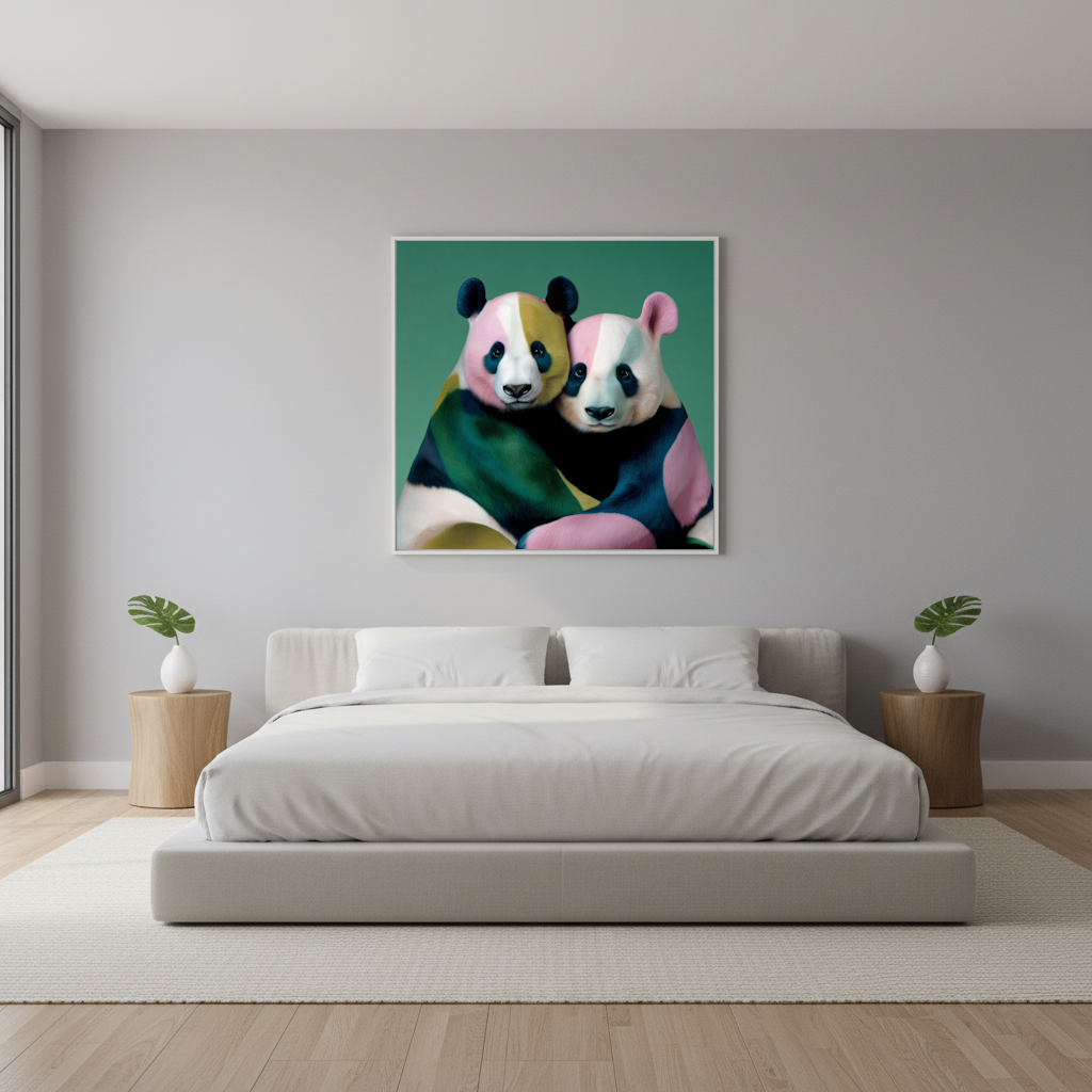 Modern bedroom with panda abstract wall art featuring geometric colorful design for playful home décor 
