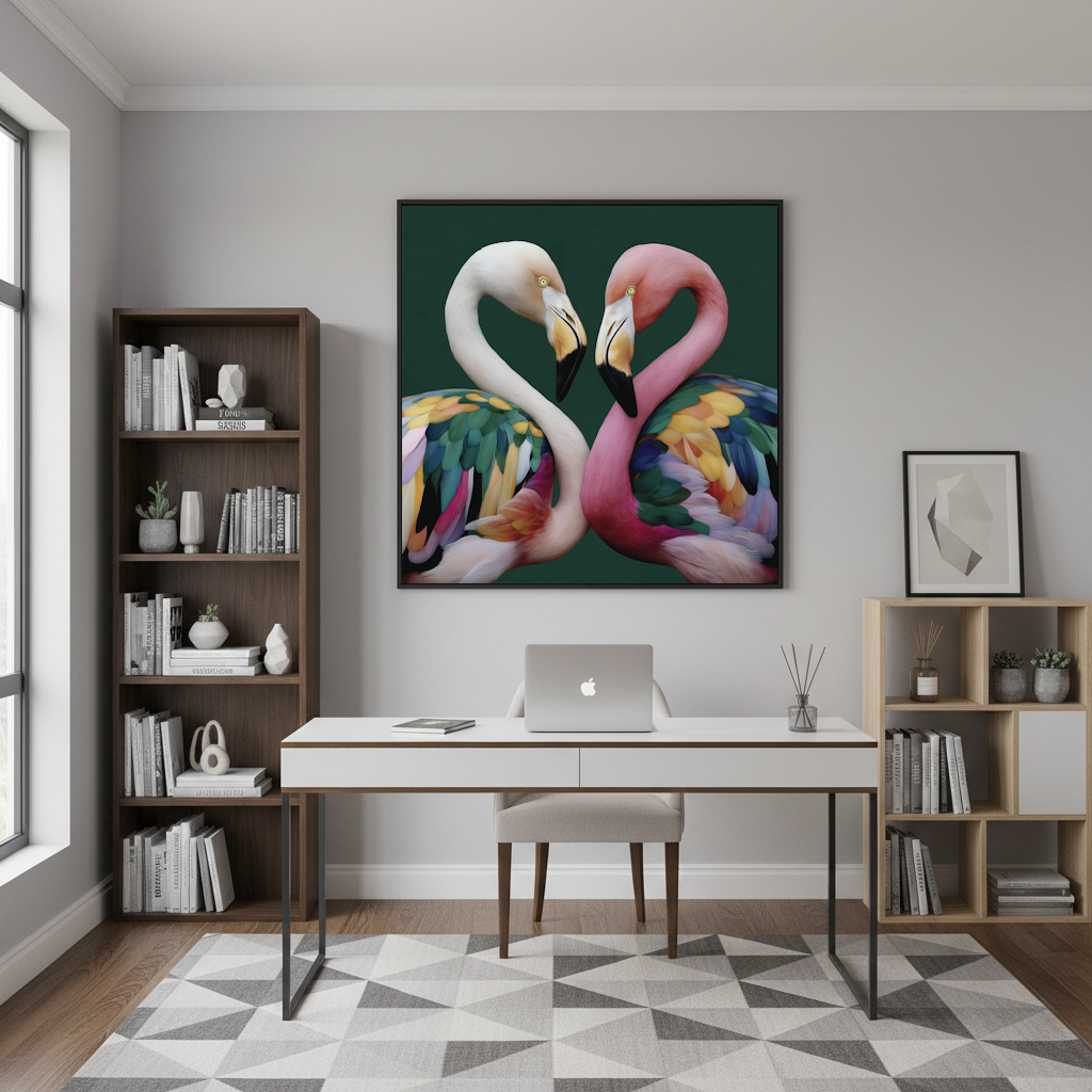 Modern home office with a Framed Bright pink flamingo green abstract wall art print with geometric shapes for stylish tropical interiors 