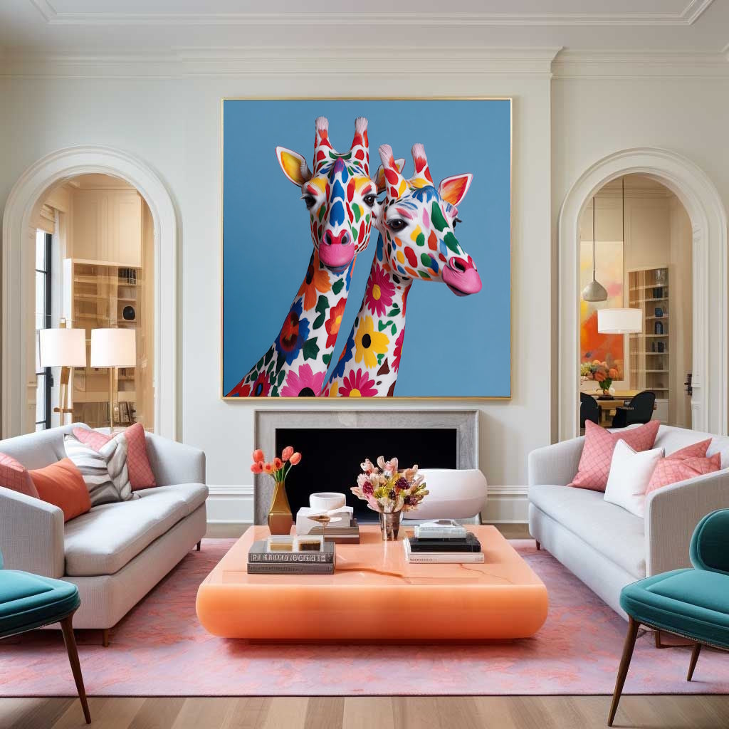 Modern living Colorful giraffe abstract wall art print with modern geometric design