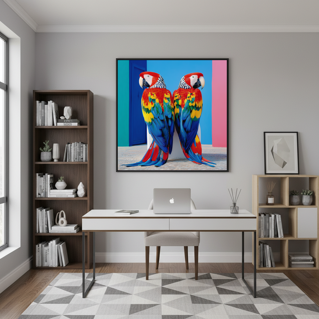 Modern office with a Framed artwork Two colorful parrots standing against a blue and pink background  abstract wall art in vibrant geometric design, perfect for tropical-inspired décor.