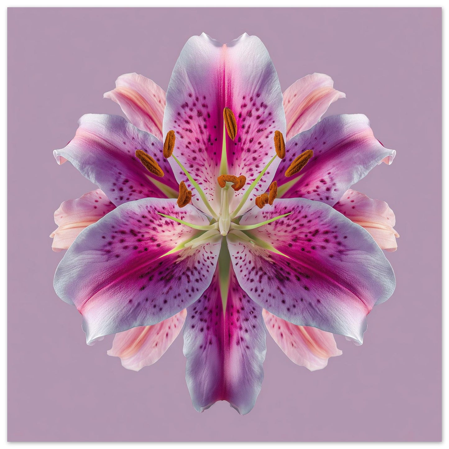 Lily Floral Reflection print – radiant pink lilies mirrored on lavender backdrop, striking wall art close up