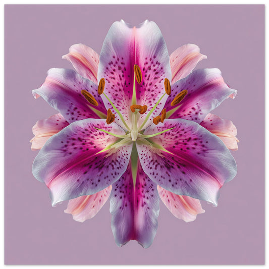 Lily Floral Reflection print – radiant pink lilies mirrored on lavender backdrop, striking wall art close up