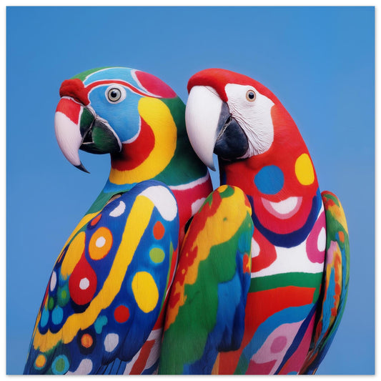 Two colorful parrots against a blue background Abstract wall art print poster featuring bold geometric style, ideal for modern interiors and home styling.