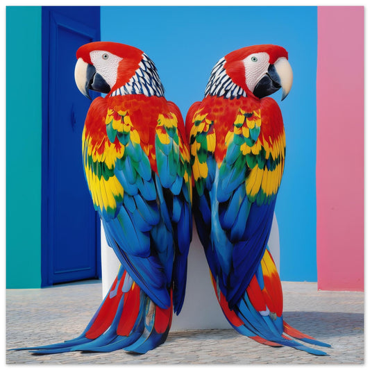 Two colorful parrots standing against a blue and pink background  abstract wall art in vibrant geometric design, perfect for tropical-inspired décor.