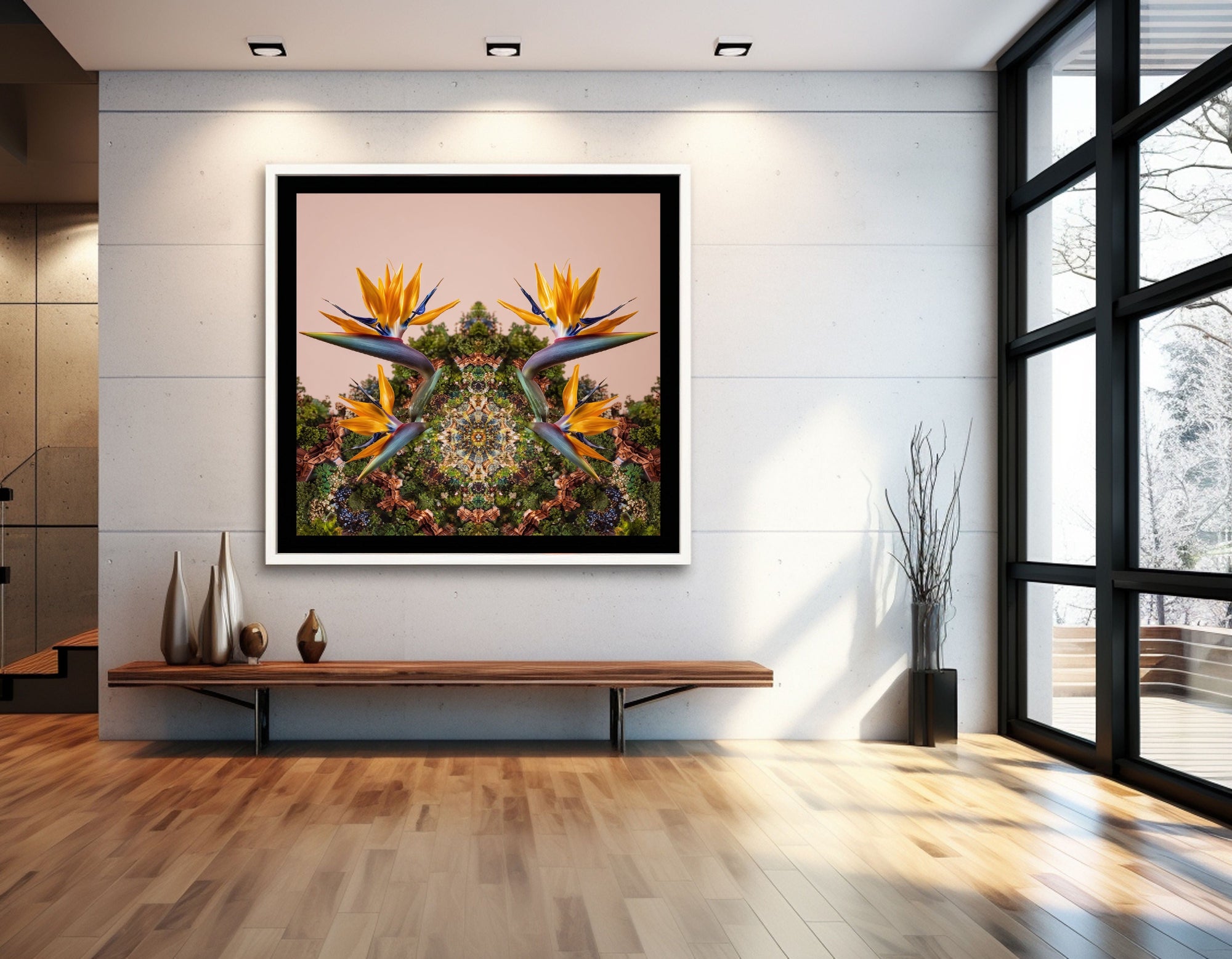 Framed artwork of birds of paradise on a wall in a modern room with a bench and large window.