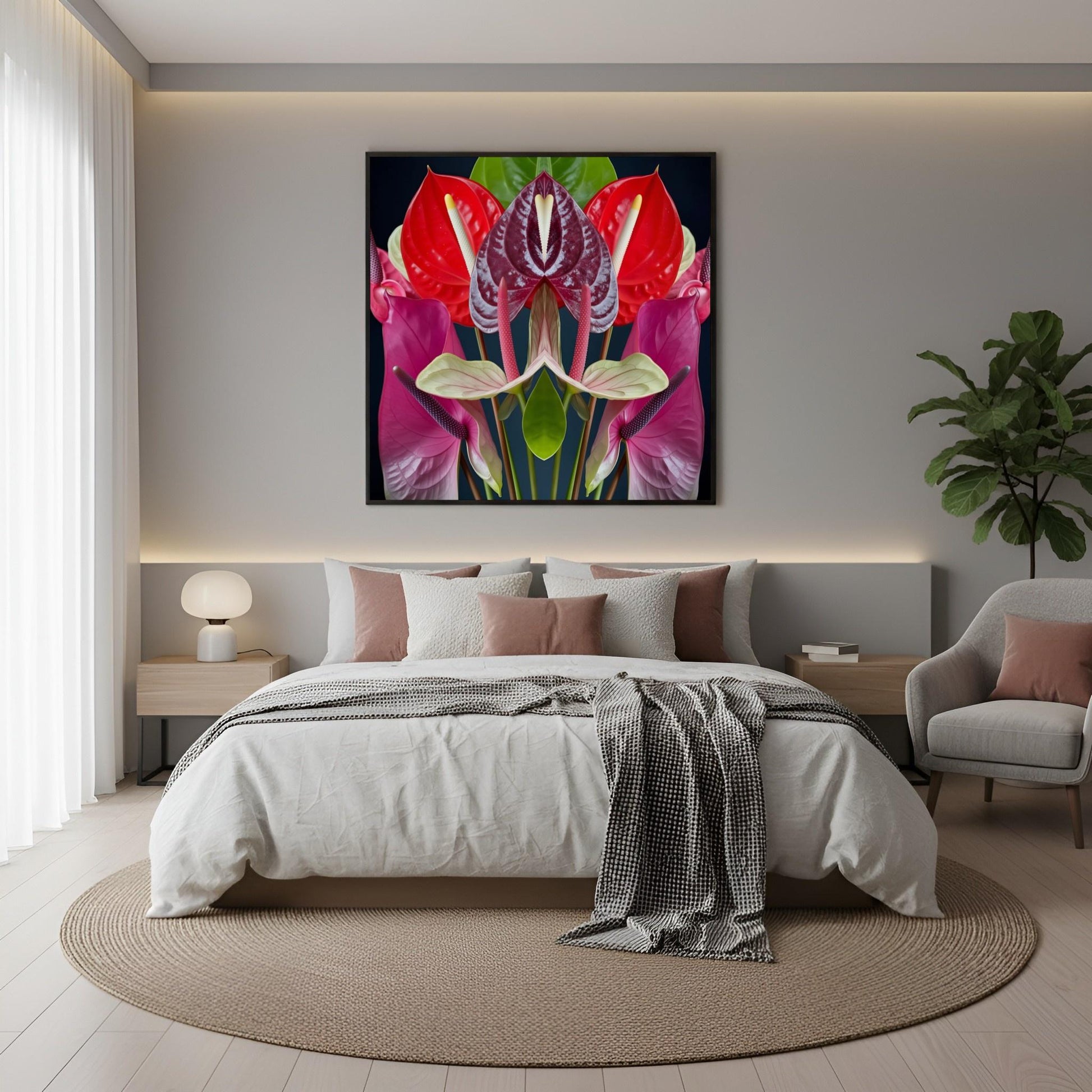 Anthurium Reflection print – vivid red anthurium flowers mirrored in symmetry, tropical botanical artwork in boho bedroom