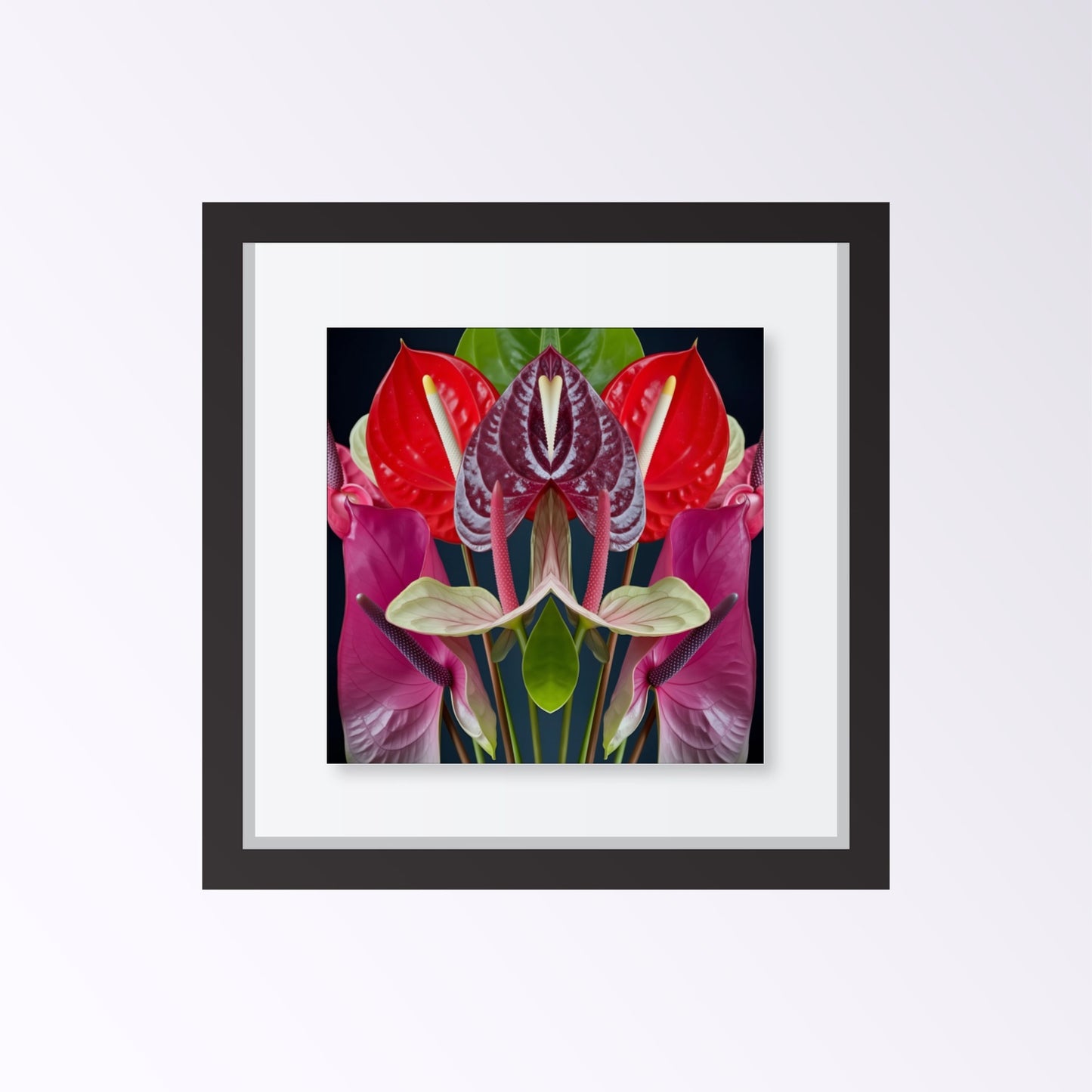 Anthurium Reflection print – vivid red anthurium flowers mirrored in symmetry, tropical botanical artwork framed black