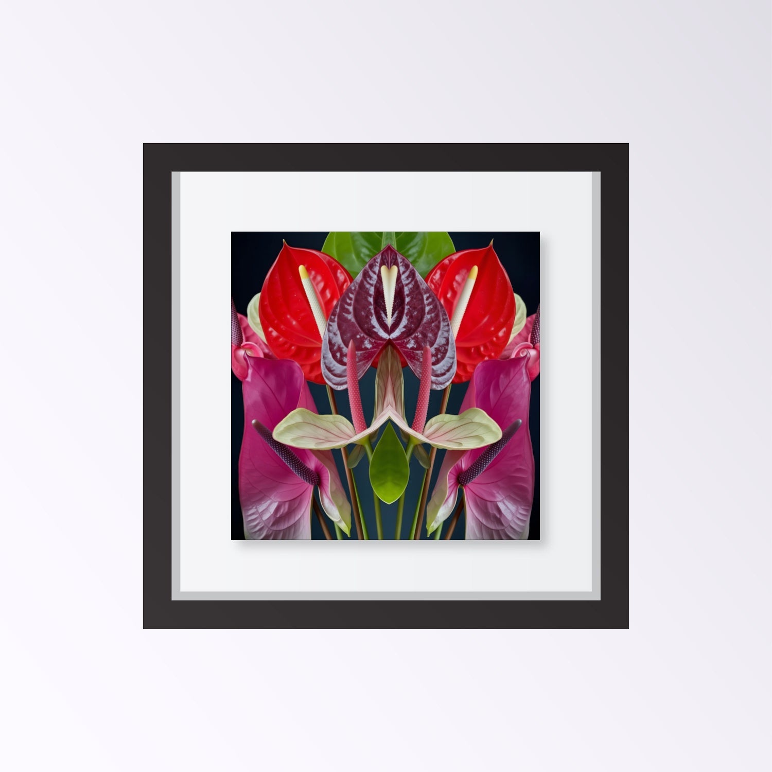 Anthurium Reflection print – vivid red anthurium flowers mirrored in symmetry, tropical botanical artwork framed black