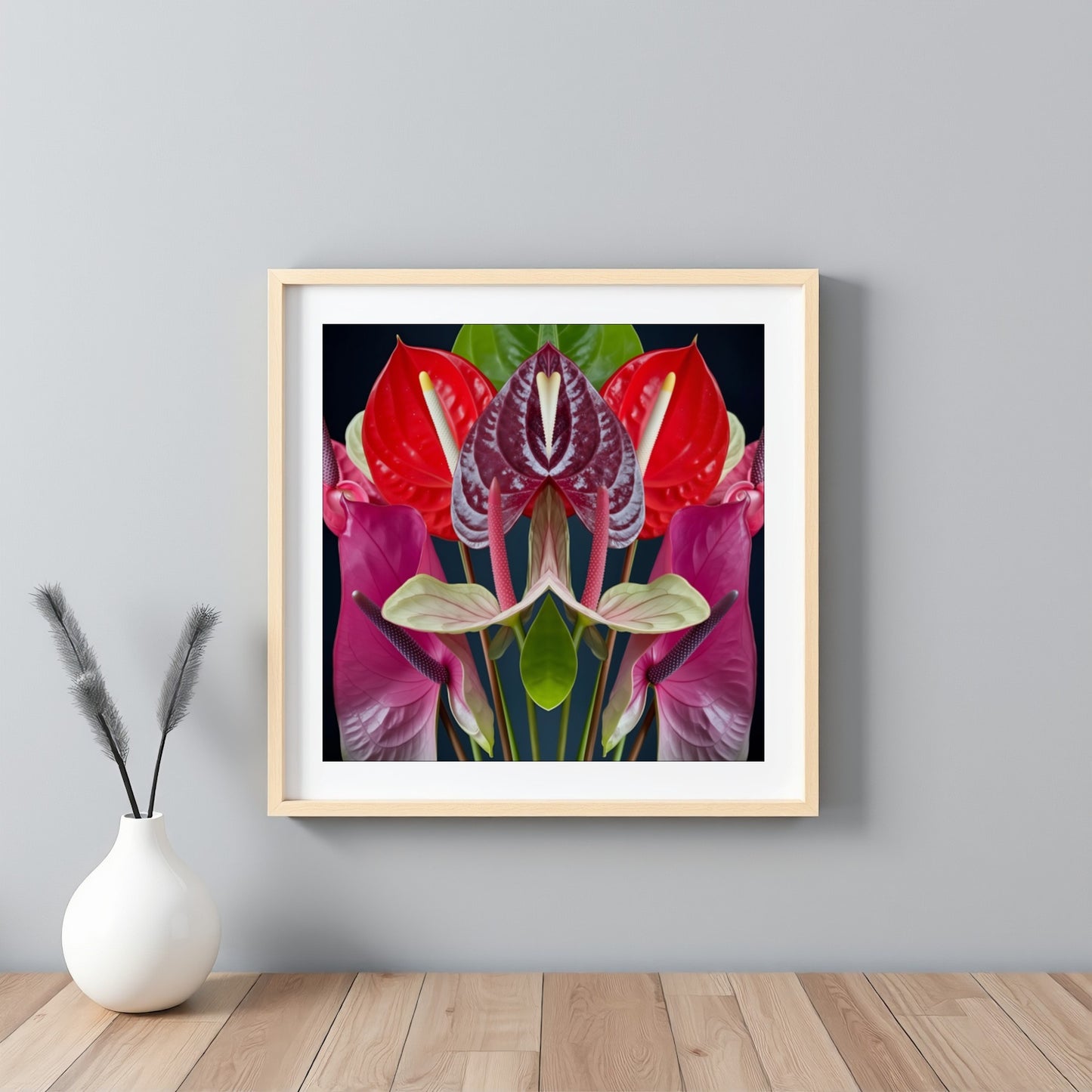 Anthurium Reflection print – vivid red anthurium flowers mirrored in symmetry, tropical botanical artwork framed white