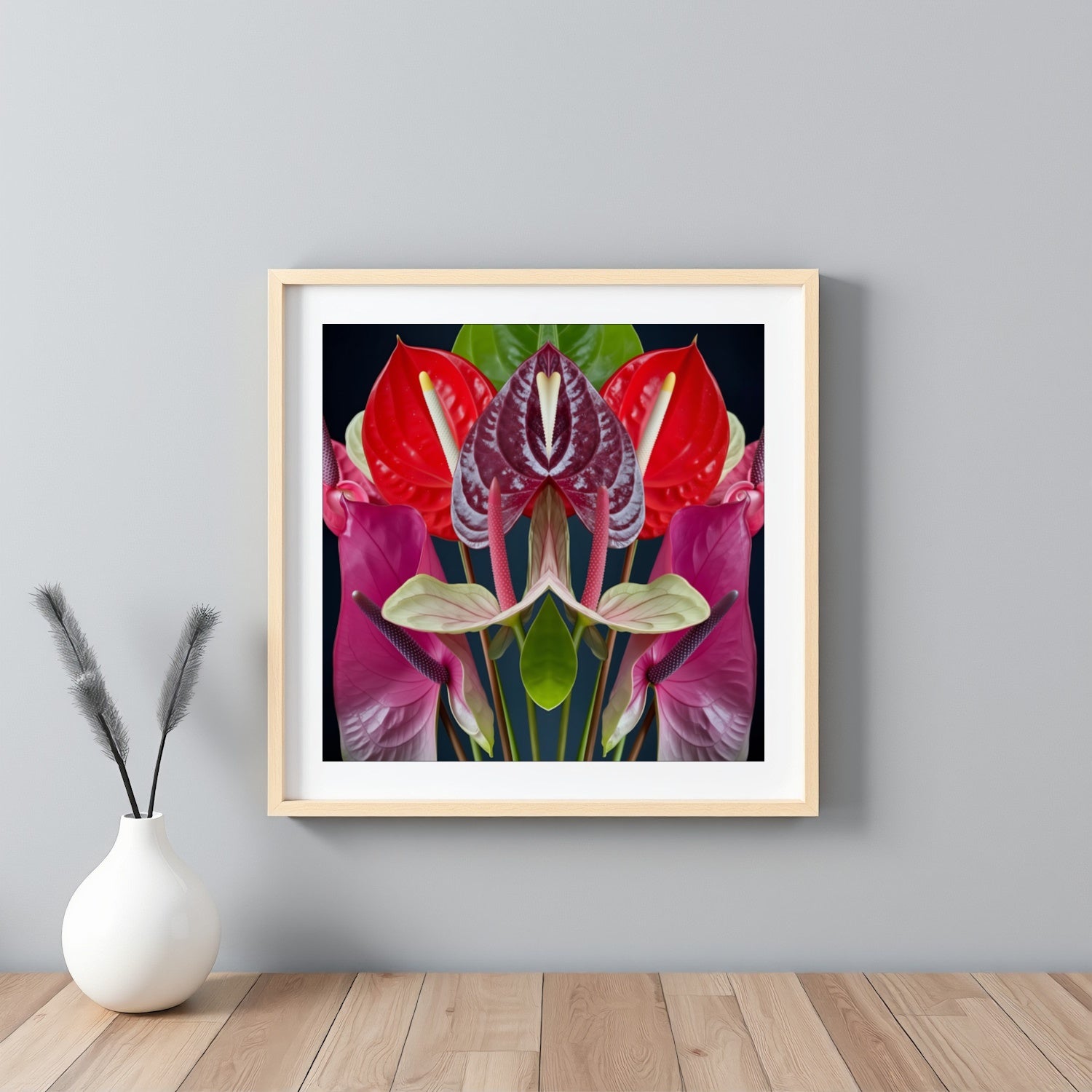 Anthurium Reflection print – vivid red anthurium flowers mirrored in symmetry, tropical botanical artwork framed white