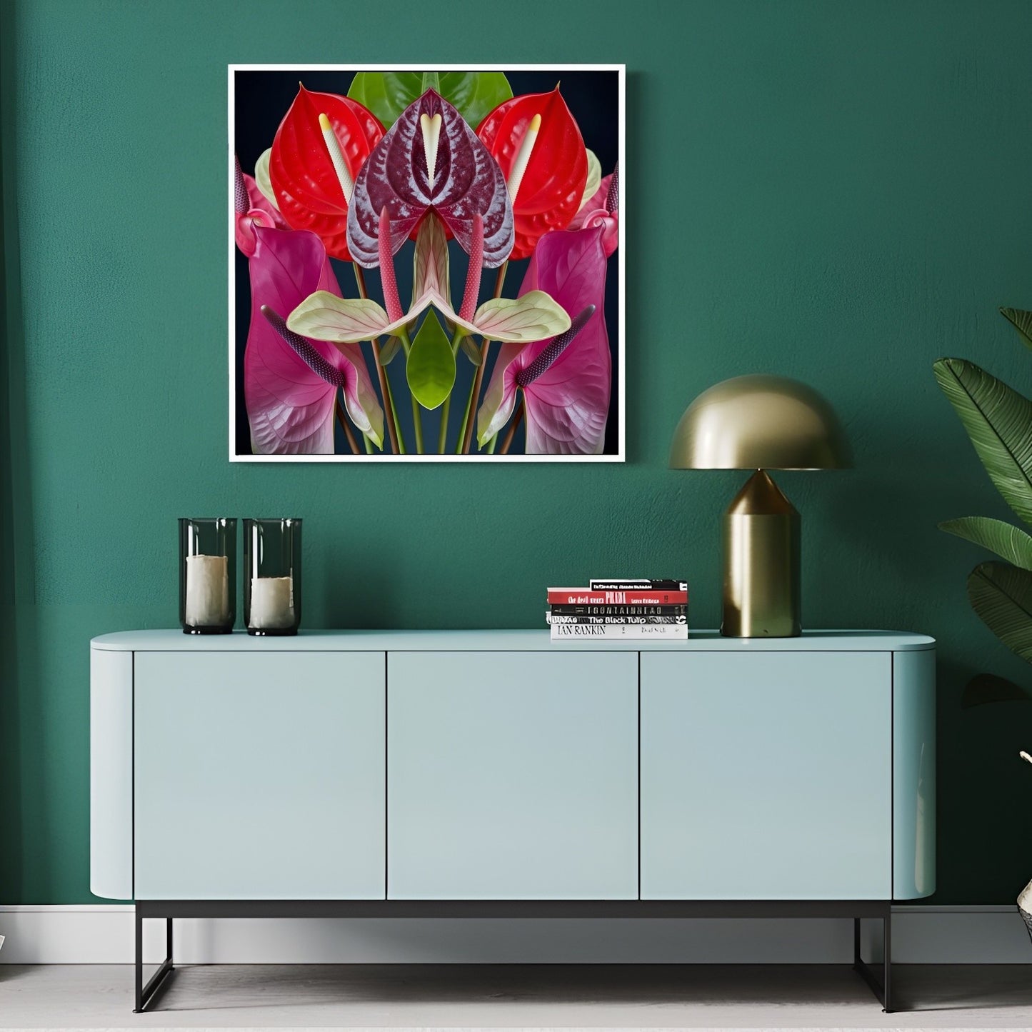 Anthurium Reflection print – vivid red anthurium flowers mirrored in symmetry, tropical botanical artwork in modern hallway