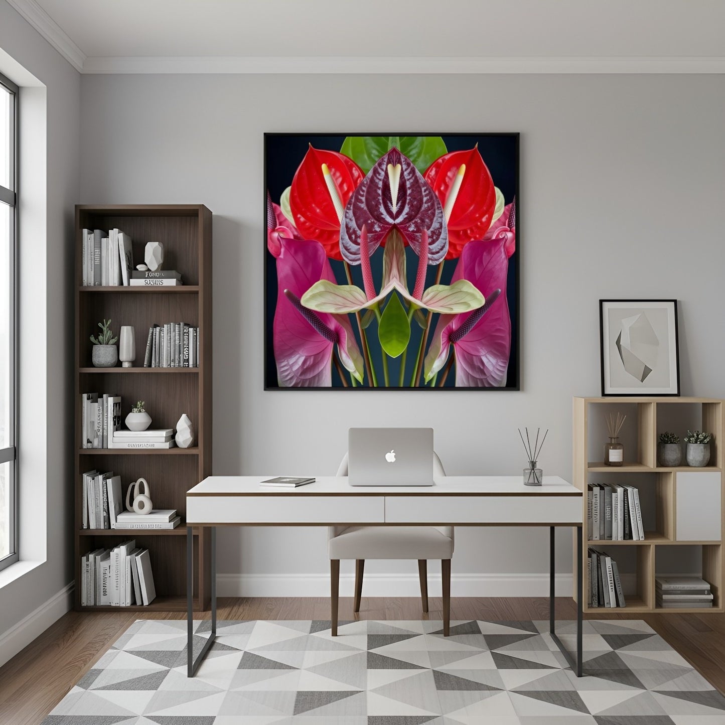 Anthurium Reflection print – vivid red anthurium flowers mirrored in symmetry, tropical botanical artwork in home office