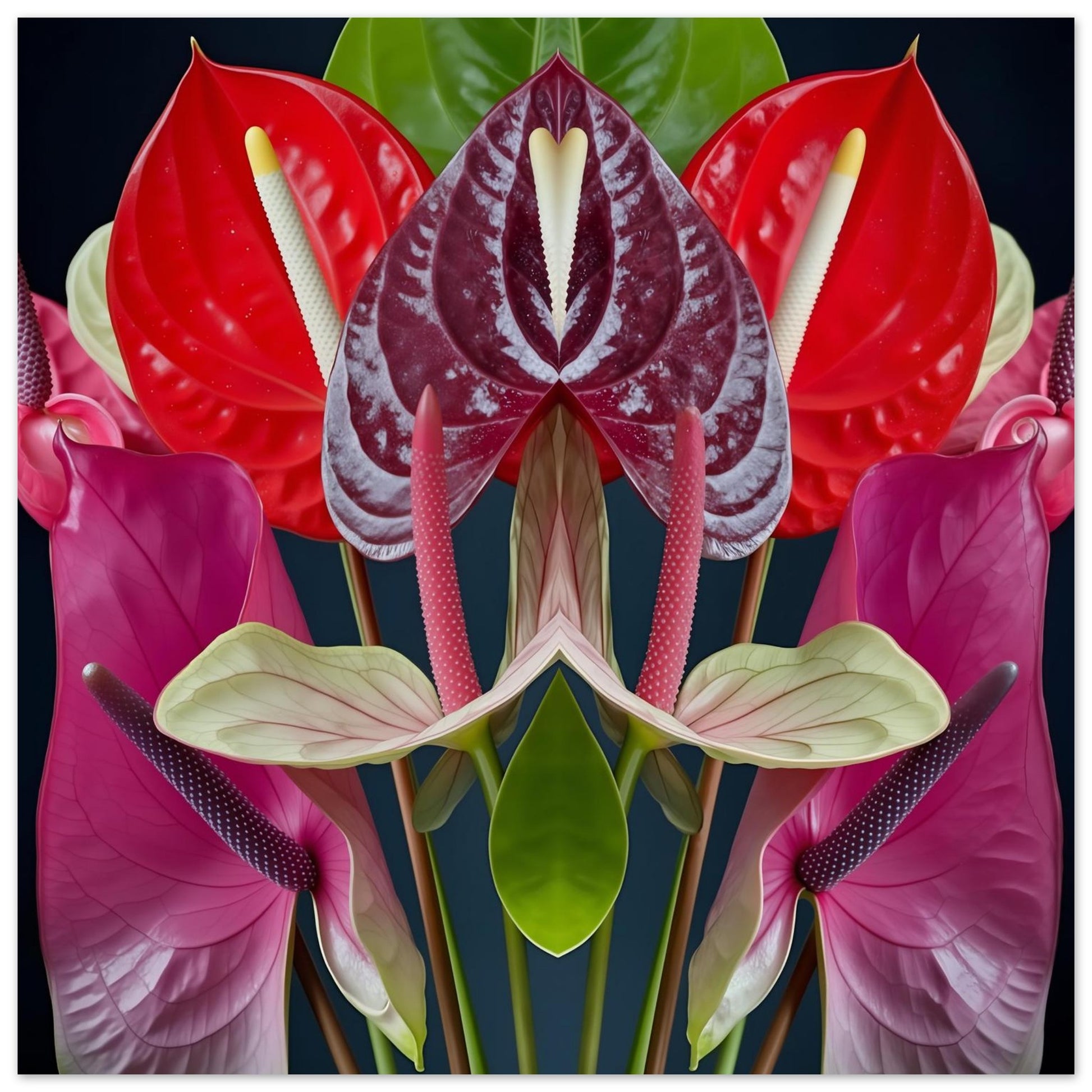 Anthurium Reflection print – vivid red anthurium flowers mirrored in symmetry, tropical botanical artwork close up