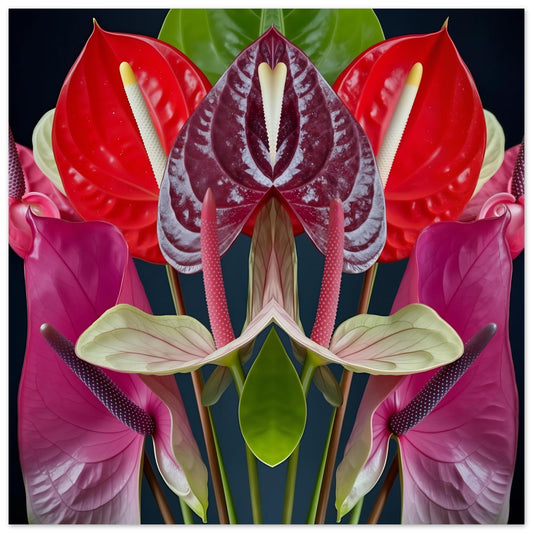 Anthurium Reflection print – vivid red anthurium flowers mirrored in symmetry, tropical botanical artwork close up