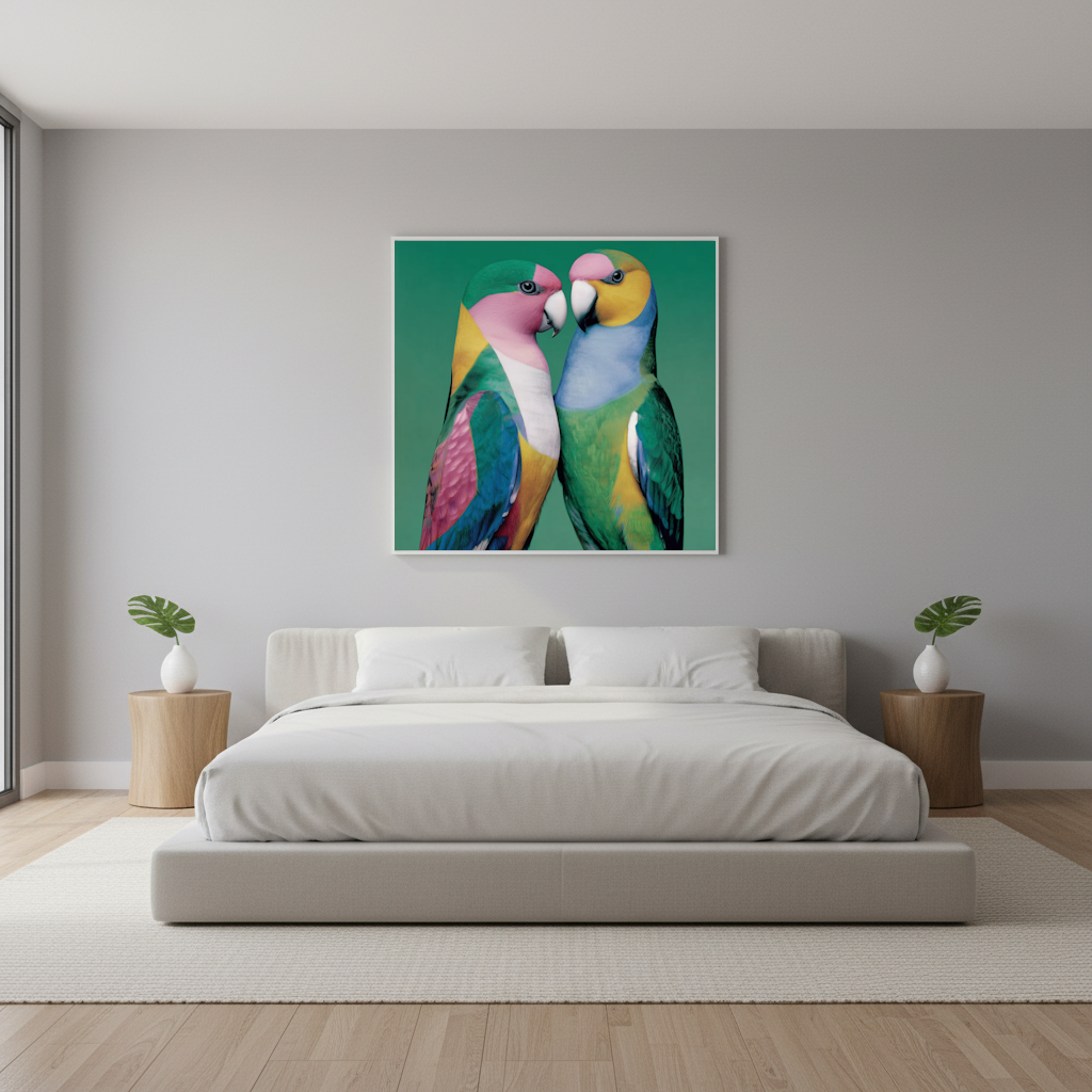 bedroom with a Framed artwork Abstract colorful birds parrots green blue pink wall art poster print for home decor