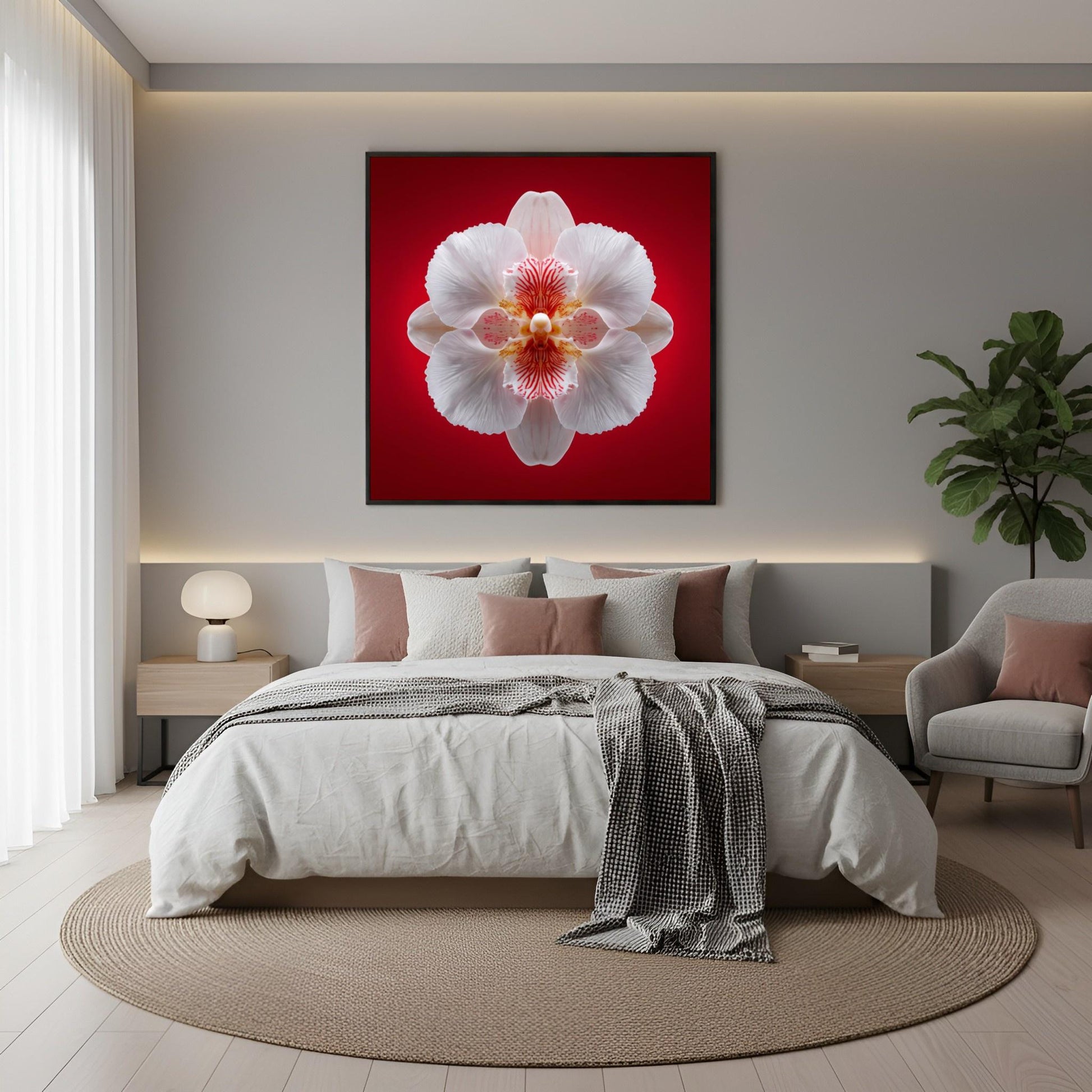 Scarlet Bloom print – bold red backdrop with white orchid in mirrored form, dramatic botanical artwork in boho bedroom
