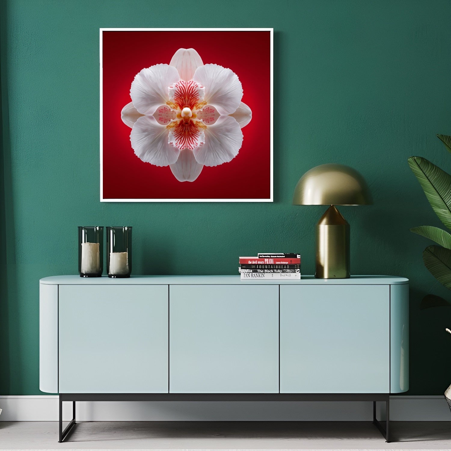 Scarlet Bloom print – bold red backdrop with white orchid in mirrored form, dramatic botanical artwork in modern hallway