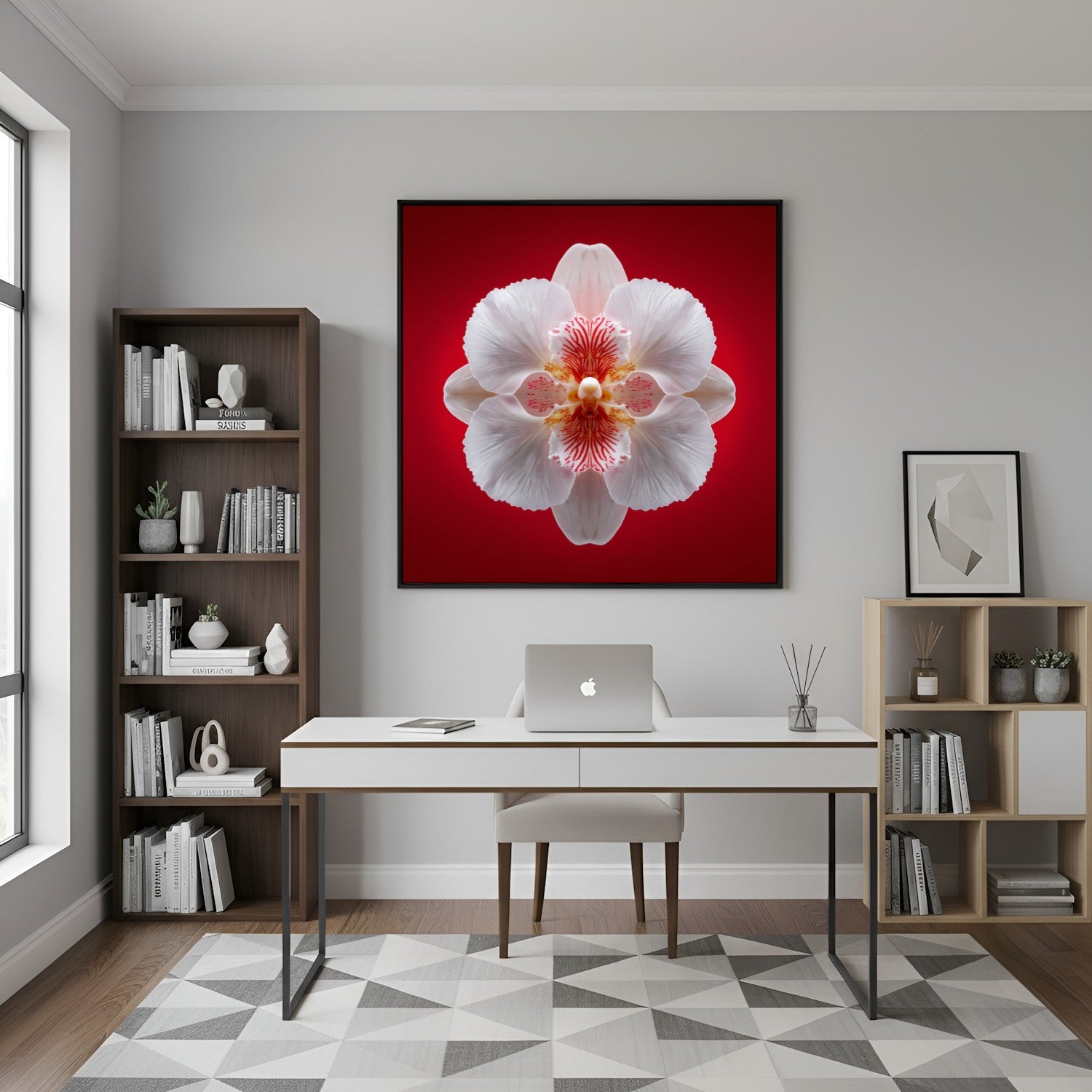 Scarlet Bloom print – bold red backdrop with white orchid in mirrored form, dramatic botanical artwork in home office