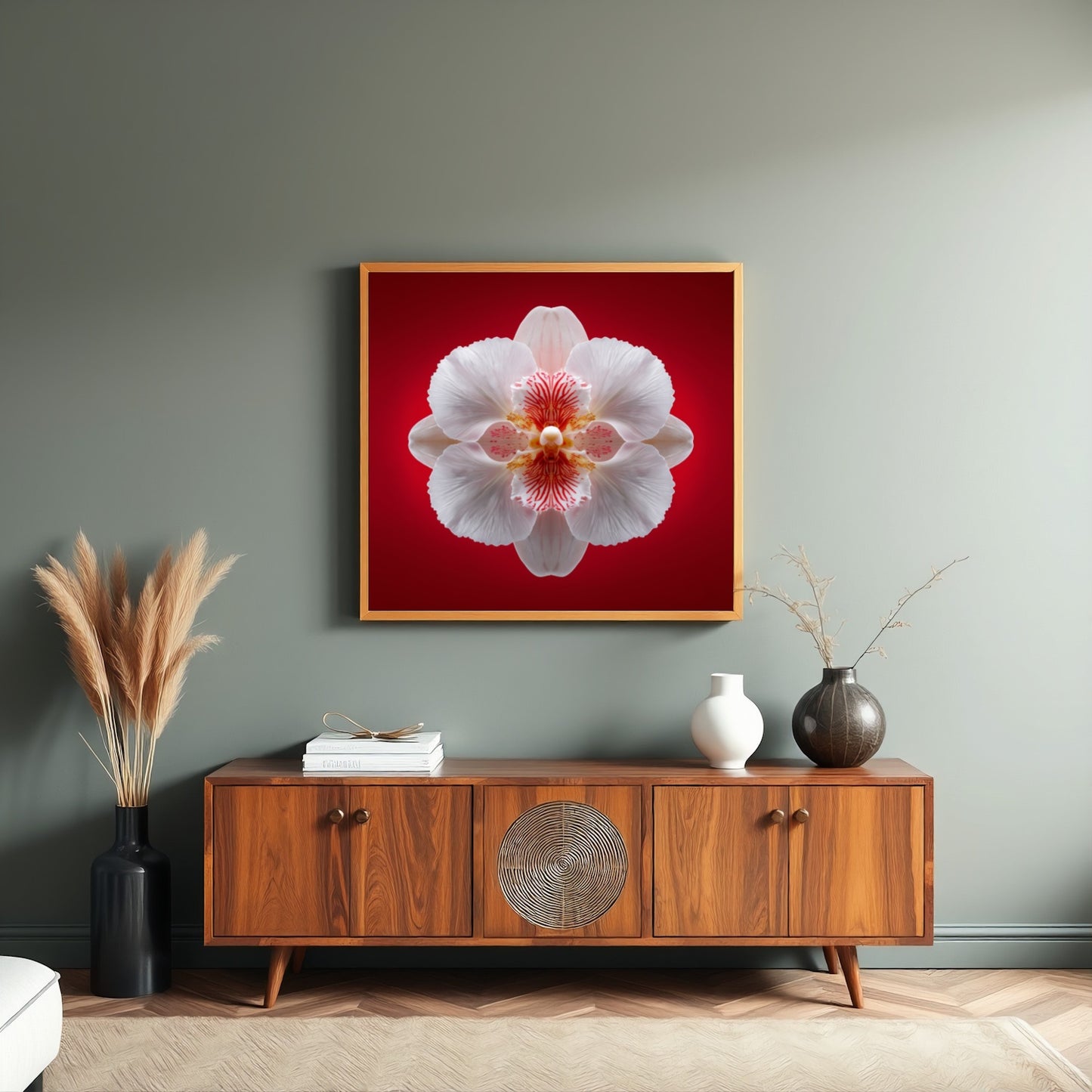 Scarlet Bloom print – bold red backdrop with white orchid in mirrored form, dramatic botanical artwork in living room